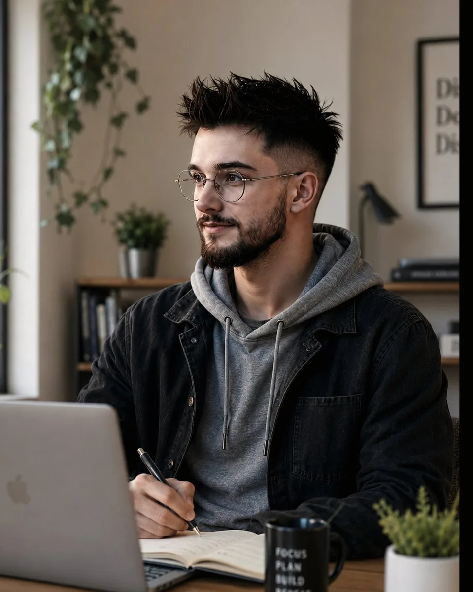 Reid Marlow at a desk with a notebook and laptop
